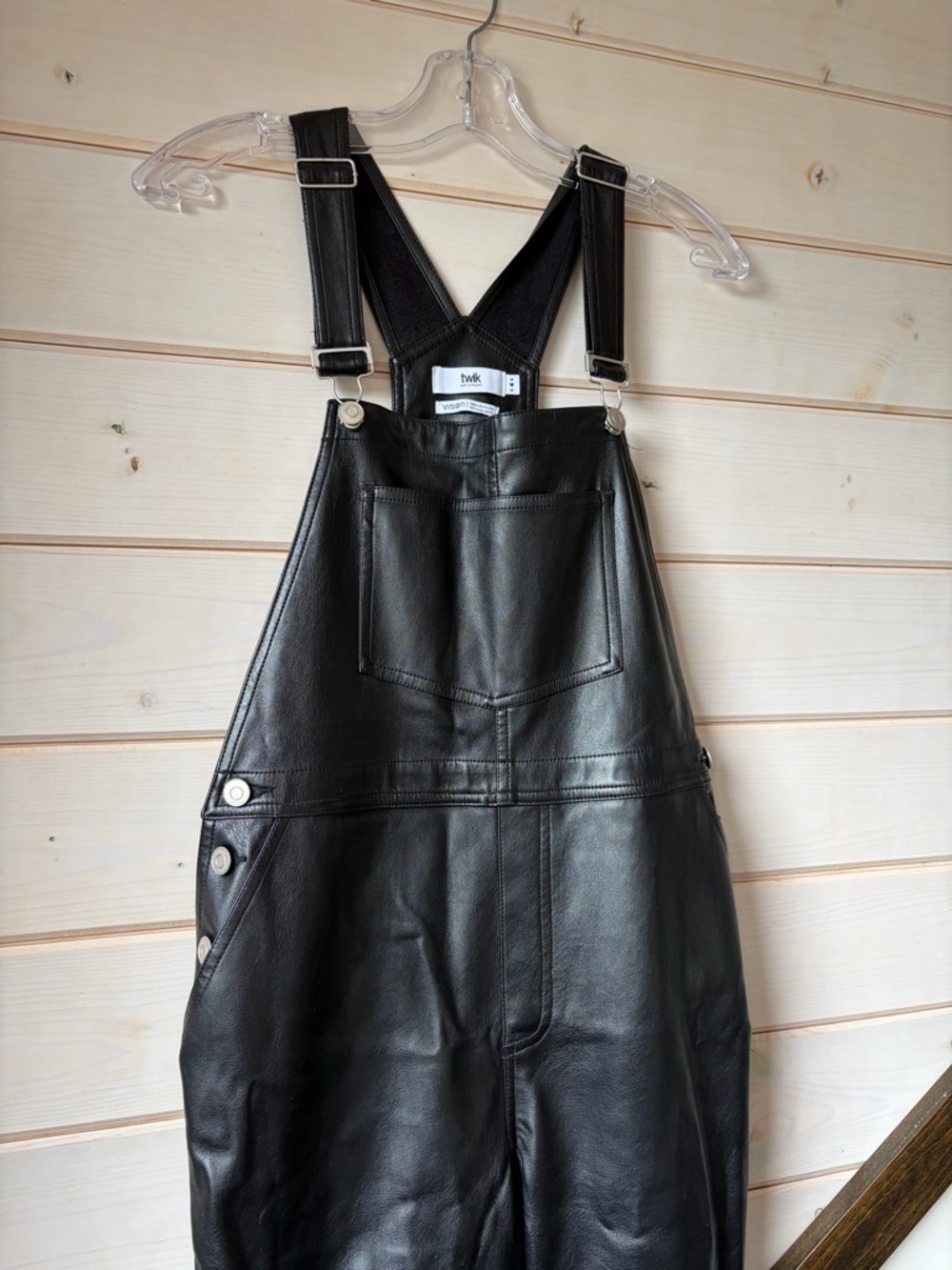 Simons Black Faux Leather Overall Jumpsuit